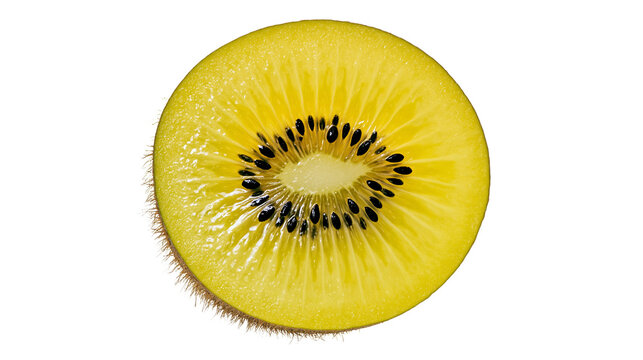 Golden kiwi slice with black seeds and fuzzy skin, isolated on transparent background