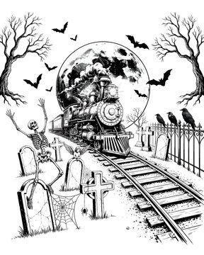 Spooky steam train driving through a haunted cemetery under full moon with bats and skeleton ghost train vintage train steam locomotive flying bats dark art