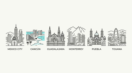 Obraz premium Mexico City Travel Skyline Set with Mexico City Cancun Guadalajara Monterrey Puebla and Tijuana Landmarks