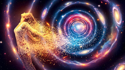 Fototapeta premium Woman Transforming into Particles Within a Spiral Galaxy