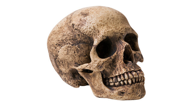 Weathered human skull with detailed bone texture, isolated on transparent background