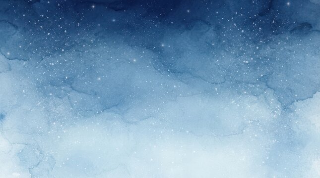 Deep blue watercolor night sky with sparkling stars and soft snowy texture for ethereal celestial graphic design projects