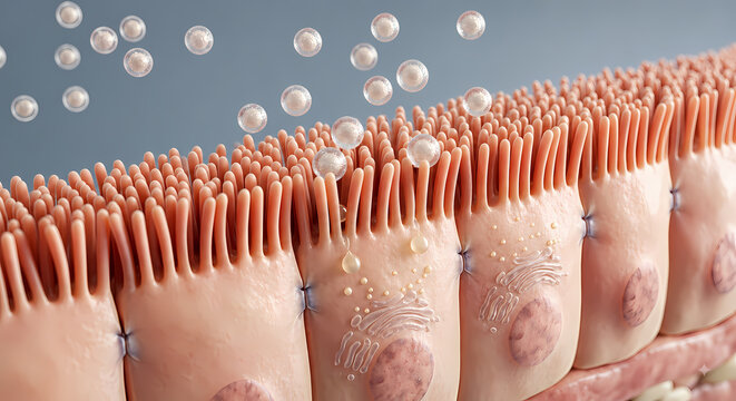 Microscopic 3D illustration of intestinal epithelial cells with microvilli brush border absorbing floating nutrients