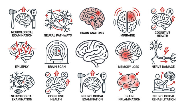 Neurology Brain Health Migraine Epilepsy Nerve Damage and Rehabilitation Flat Line Icon Set in Black and Red