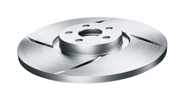 Slotted metal brake rotor with brushed surface, isolated on transparent background