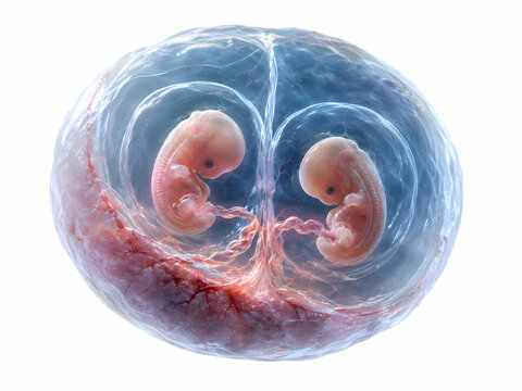 Microscopic 3D rendering of identical twin embryos developing inside translucent amniotic sacs with umbilical cords