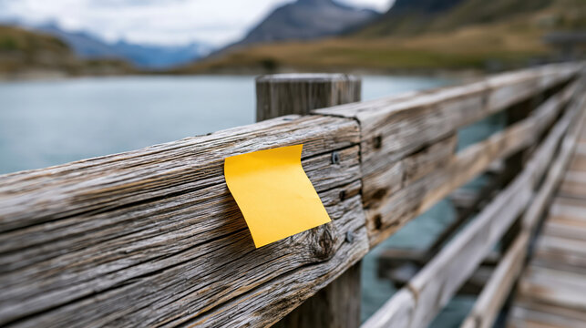 Wooden bridge railing with yellow note beside mountain lake and alpine landscape, conveying quiet reminder in nature