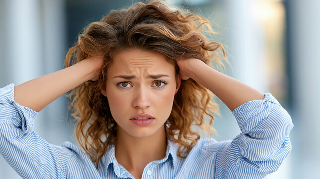 Worried woman holding curly hair with anxious expression indoors