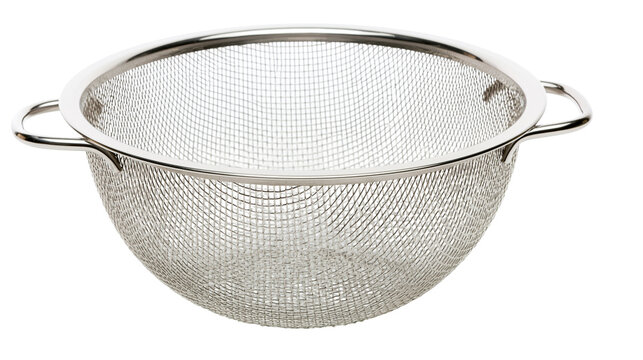 Shiny metal colander with two handles, isolated on transparent background