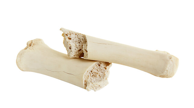 Two broken animal bones with porous texture, isolated on transparent background