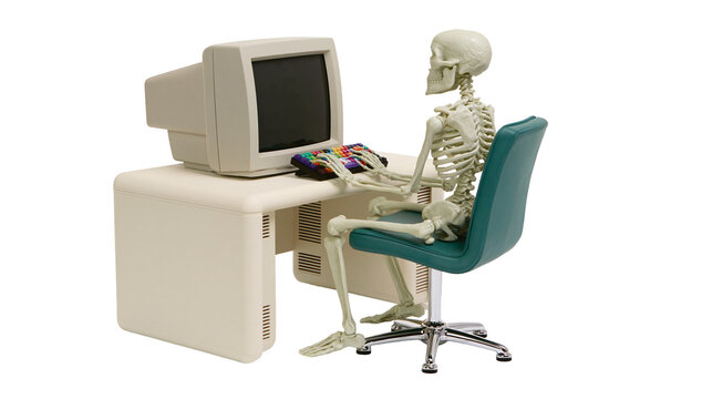 Skeleton sitting at a retro computer desk typing on keyboard, isolated on transparent background