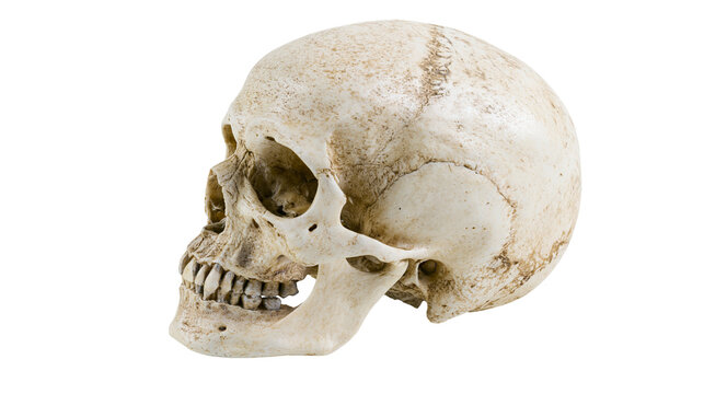 Human skull with detailed bone texture, isolated on transparent background