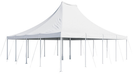 Large white event tent with multiple poles and guy ropes, isolated on transparent background © Mia