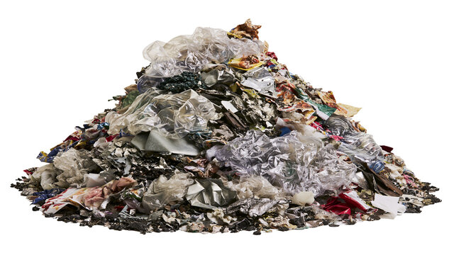 Large pile of mixed household waste including plastic and paper, isolated on transparent background