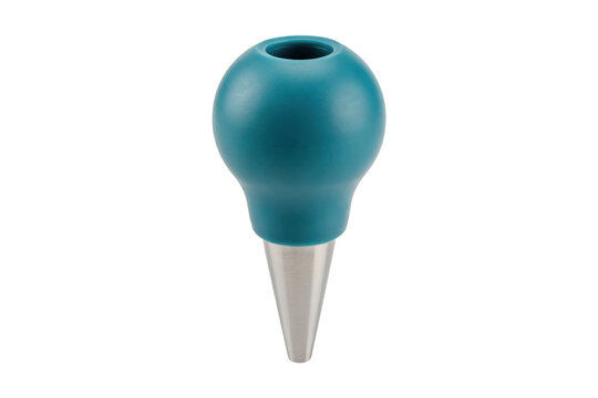 Teal rubber bulb suction pipette with a conical metal tip for laboratory and medical fluid transfer procedures isolated on a transparent background