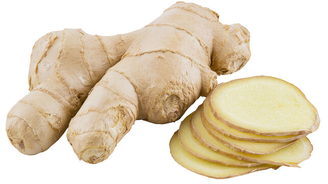 Raw ginger root with thin slices, isolated on transparent background