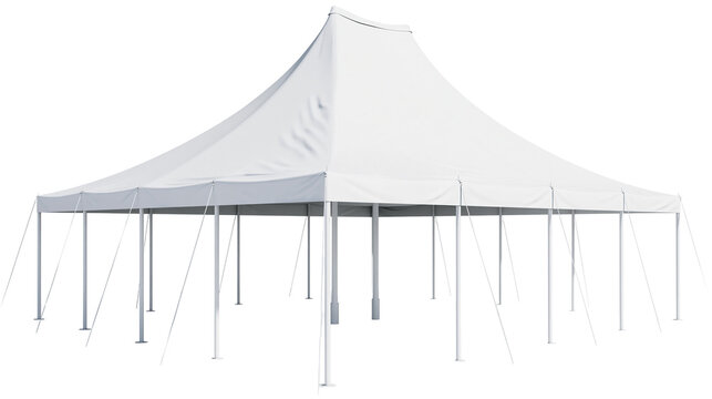 Large white event tent with multiple poles and guy ropes, isolated on transparent background