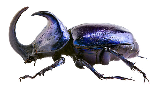 Large iridescent blue rhinoceros beetle with prominent horn, isolated on transparent background