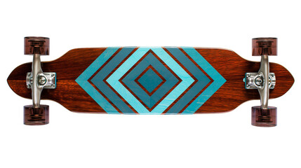 Longboard skateboard with geometric diamond pattern and transparent wheels, isolated on transparent background © Mia