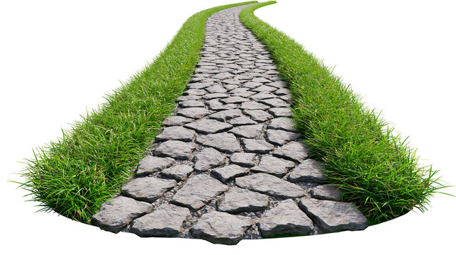 Curving stone pathway bordered by lush green grass, isolated on transparent background