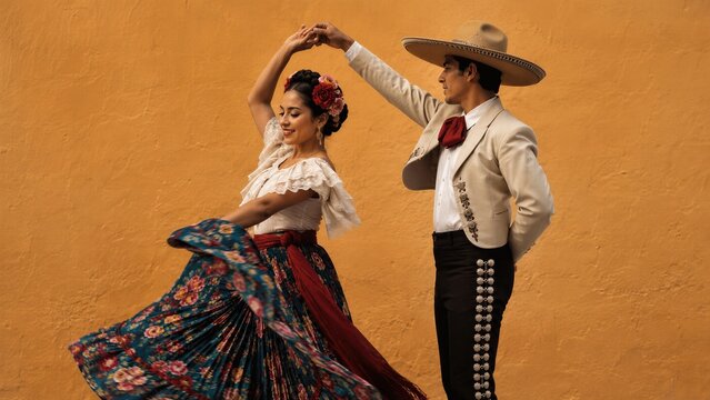 Woman and man dancing traditional Mexican folkloric dance in colorful costume against yellow wall. National Hispanic Heritage Month celebration of latin culture and tradition concept