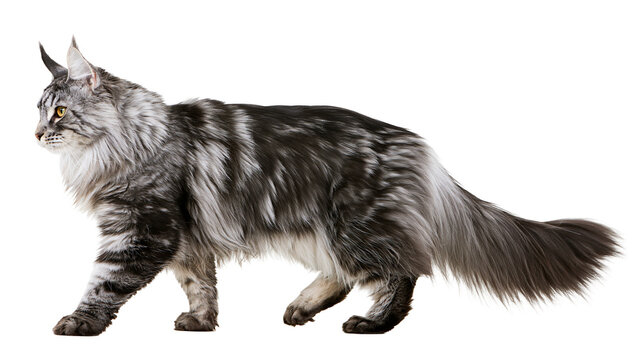 Majestic silver tabby Maine Coon cat walking, isolated on transparent background