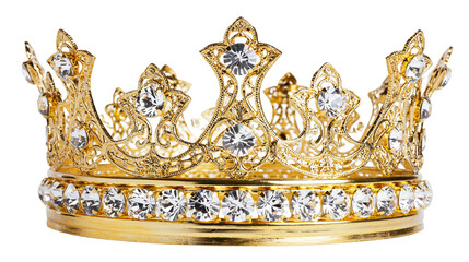 Ornate golden crown adorned with clear crystals, isolated on transparent background © Mia