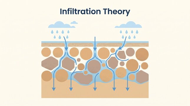 Infiltration theory demonstrating water movement through soil pores in a cross-section illustration