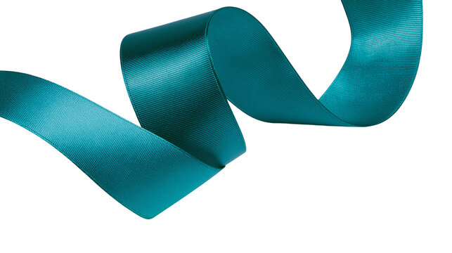 Teal satin ribbon flowing in a curve, isolated on transparent background