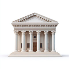 Obraz premium 3D bank building icon, classic finance architecture, realistic style, white background, PNG.