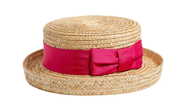 Woven straw boater hat with bright pink satin ribbon bow, isolated on transparent background