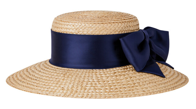 Straw boater hat with navy blue satin ribbon and bow, isolated on transparent background