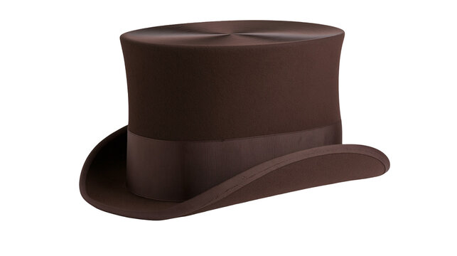 Brown felt top hat with satin band, isolated on transparent background