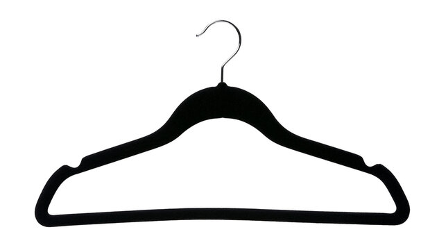 Black velvet hanger with metal hook, isolated on transparent background