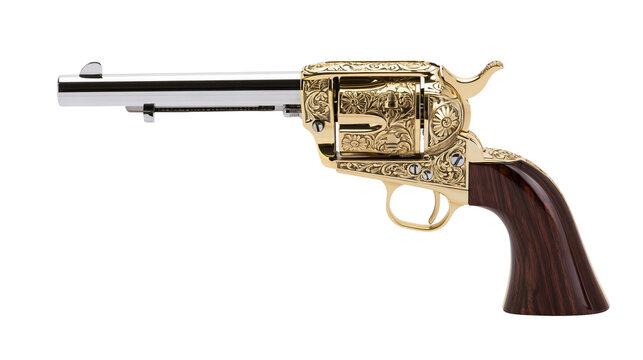 Ornate gold revolver with engraved floral patterns and dark wood handle, isolated on transparent background