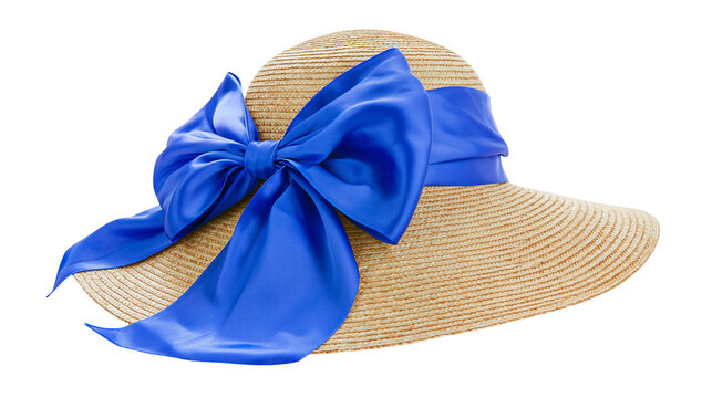 Woven straw sun hat with large blue satin bow, isolated on transparent background