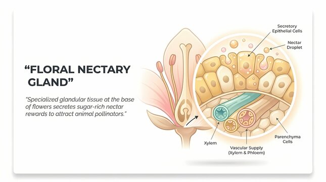 Detailed Scientific Diagram of a Floral Nectary Gland and Vascular Supply System.