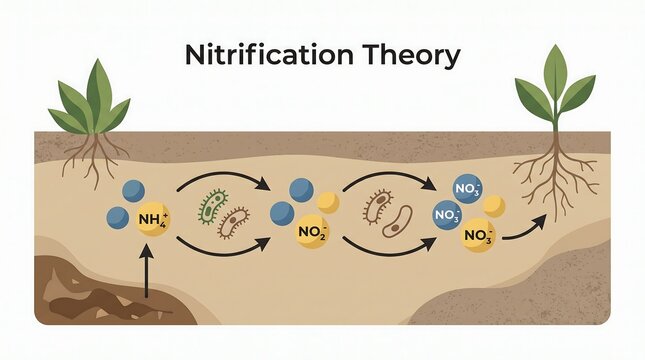 Nitrification theory showing microbial transformation of ammonia to nitrate in soil