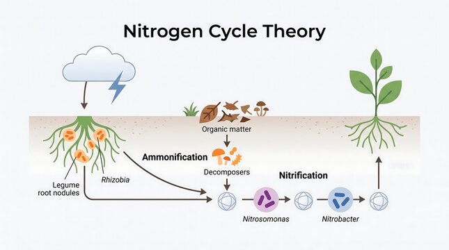 Nitrogen cycle theory showing atmospheric N fixation ammonification nitrification and plant uptake
