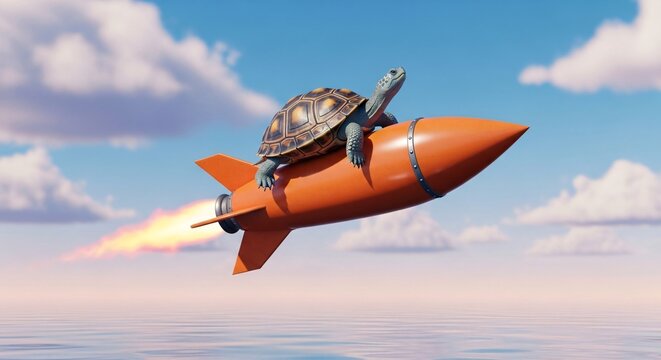 Creative image of a turtle riding a rocket with a turtle shell on top soaring through the sky with clouds and blue background in a fun and imaginative scene for children and space enthusiasts