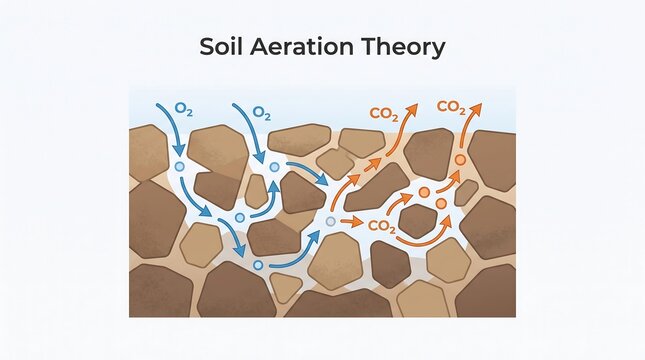 Soil aeration theory diagram showing movement of oxygen and carbon dioxide through soil pores in the root zone