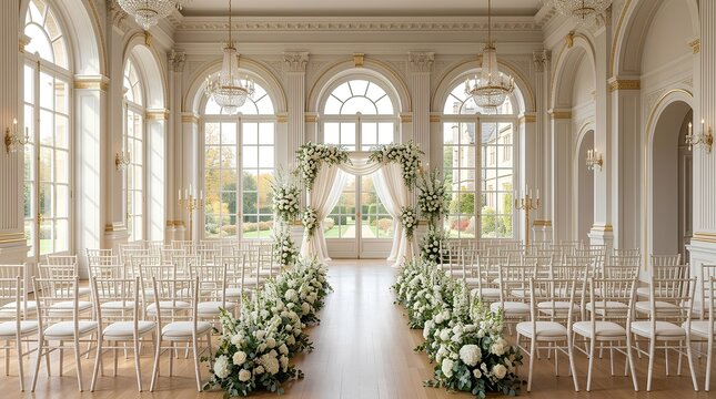 Elegant indoor wedding ceremony setup in a luxury ballroom featuring a white floral arch, chiavari chairs, crystal chandeliers, and grand arched windows with natural sunlight.