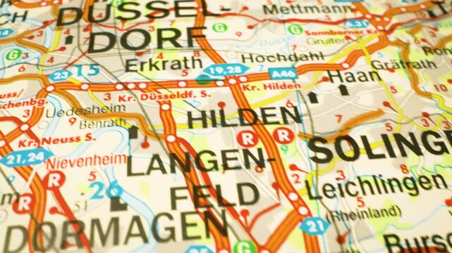 Road route from Leverkusen to D&uuml;sseldorf shown on detailed atlas map