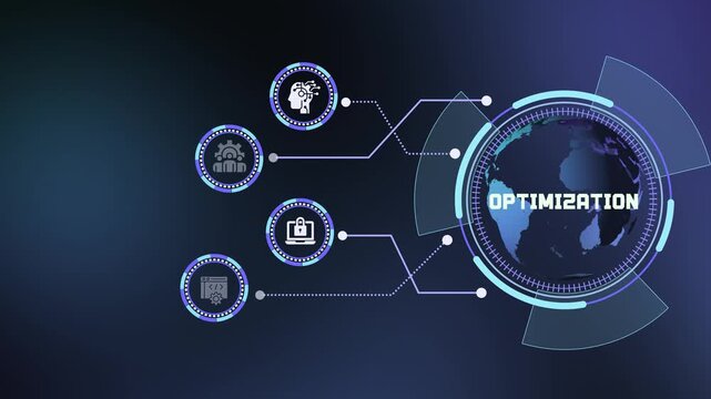 Global digital business optimization concept with high tech network background and connected process icons