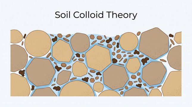 Soil colloid theory diagram showing mineral particles and organic matter with surface charges and water film retention