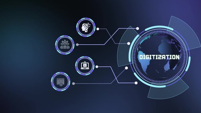 Modern global digitization technology concept with digital network background and connected modern icons