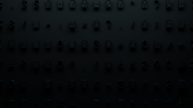 Close-Up of Textured Dark Surface Featuring Raised Keyboard-Like Characters in Varied Sizes for Digital Design, User Interface, and Scientific Research Applications