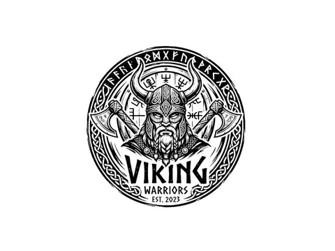 Viking Warrior Emblem with Axes and Runes Circular Badge Design