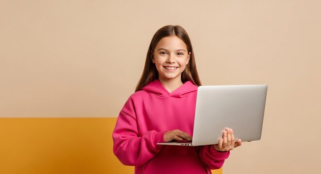 Young girl smiling happily holding a laptop computer in a casual indoor setting with a beige and mustard background for educational technology and youth digital learning themes