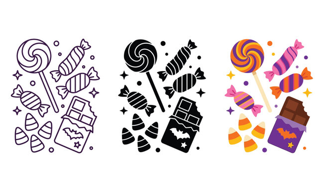 Halloween candy vector illustration collection featuring lollipops chocolates and sweets in flat and outline design styles